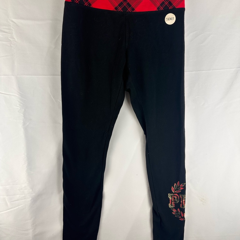 PINK Victoria's Secret Black Leggings with Red Plaid Waistband